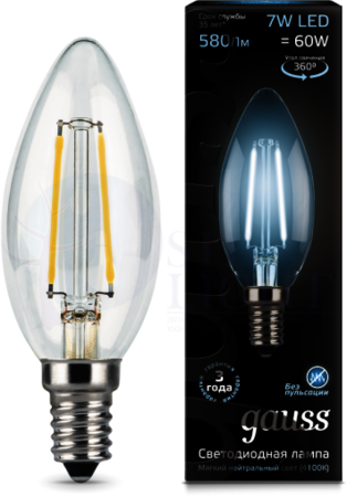 LED Filament Candle E14 7W 4100К (свеча) светодиодная лампа Gauss 103801207