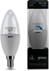 Лампа Gauss LED Candle-dim Crystal Clear E14 6W 4100К диммируемая 1/10/50