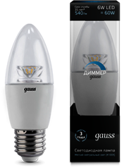 Лампа Gauss LED Candle-dim Crystal Clear E27 6W 4100К диммируемая 1/10/50