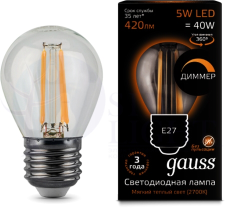 LED Filament Globe dimmable E27 5W 2700K (G45-шарик, диммир.) светодиодная лампа Gauss 105802105-D
