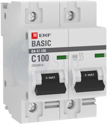 Автоматический выключатель 2P 100А (C) 10kA ВА 47-100 EKF Basic EKF mcb47100-2-100C-bas