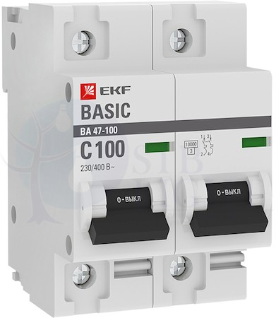 Автоматический выключатель 2P 100А (C) 10kA ВА 47-100 EKF Basic EKF mcb47100-2-100C-bas