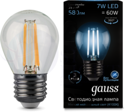 LED Filament Globe E27 7W 4100K (G45-шарик) светодиодная лампа Gauss 105802207