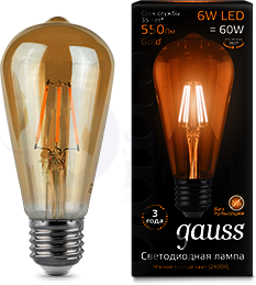 LED Filament ST64 E27 6W Golden 2400К 1/10/40 светодиодная лампа Gauss 102802006