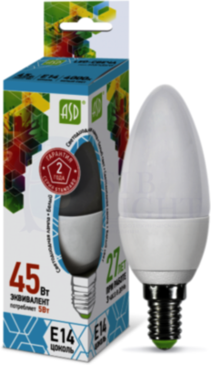 Лампа светодиодная LED-свеча-standard 5Вт свеча 4000К белый E14 450лм 160-260В ASD 4690612002224