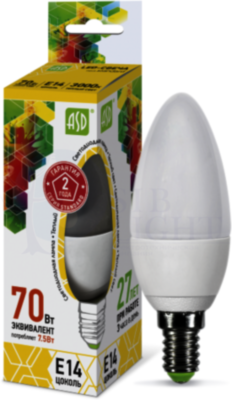 Лампа светодиодная LED-свеча-standard 7.5Вт свеча 3000К тепл. бел. E14 675лм 160-260В ASD 4690612003924