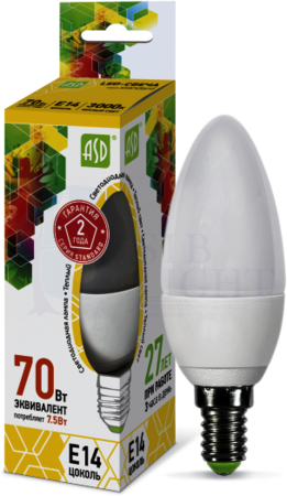 Лампа светодиодная LED-свеча-standard 7.5Вт свеча 3000К тепл. бел. E14 675лм 160-260В ASD 4690612003924