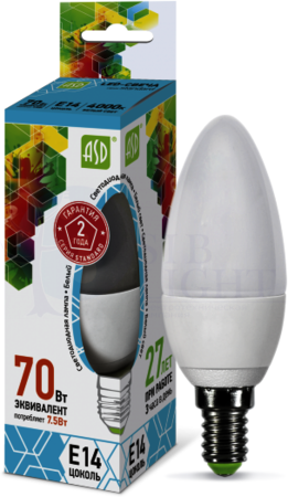 Лампа светодиодная LED-свеча-standard 7.5Вт свеча 4000К белый E14 675лм 160-260В ASD 4690612003931