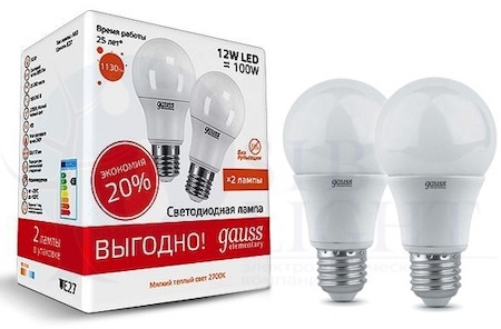 Лампа Gauss LED Elementary A60 12W E27 2700K 1/50 (2 лампы в упаковке)