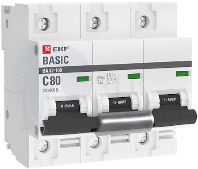 Автоматический выключатель 3P 80А (C) 10kA ВА 47-100 EKF Basic EKF mcb47100-3-80C-bas