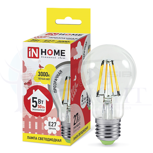 Лампа сд LED-A60-deco 5W 230V Е27 450Lm прозрачная IN HOME