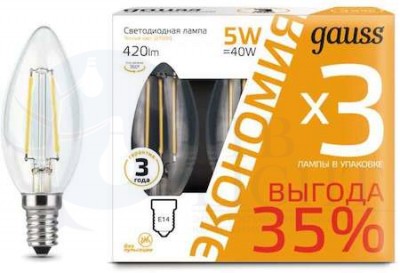 Лампа Filament Свеча E14 5W 2700К 1/20 (упак.=3 шт.) Gauss 103801105T