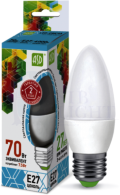 Лампа светодиодная LED-свеча-standard 7.5Вт свеча 4000К белый E27 675лм 160-260В ASD 4690612003955