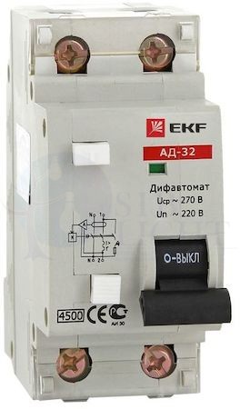 Дифференциальный автомат АД-32 20А/30мА (характеристика C, тип AC) 4,5кА EKF DA32-20-30