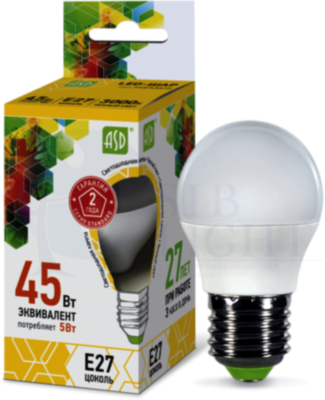 Лампа светодиодная LED-шар-standard 5Вт шар 3000К тепл. бел. E27 450лм 160-260В ASD 4690612002163