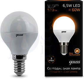 Лампа LED Globe E14 6.5W 3000K Gauss 105101107