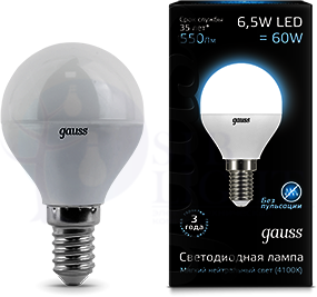 Лампа LED Globe E14 6.5W 4100K Gauss 105101207