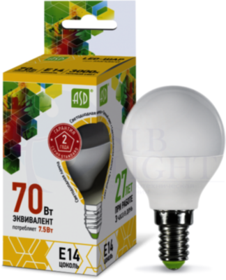 Лампа светодиодная LED-шар-standard 7.5Вт шар 3000К тепл. бел. E14 675лм 160-260В ASD 4690612003962