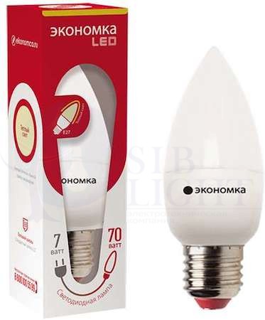 Лампа светодиодная свеча 7Вт 600Лм 230В 3000К E27 ЭКОНОМКА Eco_LED7wCNE2730