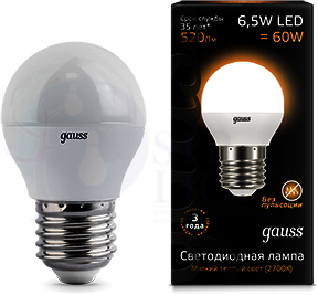 Лампа LED Globe E27 6.5W 3000K Gauss 105102107