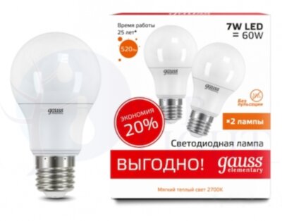 Лампа Gauss LED Elementary A60 7W E27 2700K 2/100 (2 лампы в упаковке)