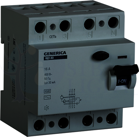 Выключатель дифференциального тока 4P 63А 30мА Generica (тип AC) IEK MDV15-4-063-030