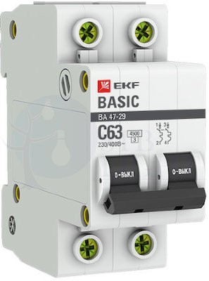 Автоматический выключатель 2P 16А (C) 4,5кА ВА 47-29 Basic EKF mcb4729-2-16C