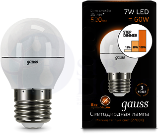 Лампа LED Globe E27 7W 3000K step dimmable 1/10/100 Gauss 105102107-S