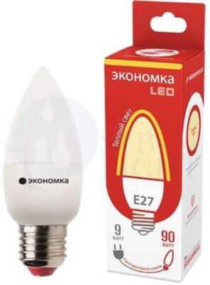 Лампа светодиодная свеча 9Вт 800Лм 230В 3000К E27 ЭКОНОМКА Eco_LED9wCNE2730
