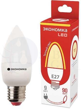 Лампа светодиодная свеча 9Вт 800Лм 230В 3000К E27 ЭКОНОМКА Eco_LED9wCNE2730