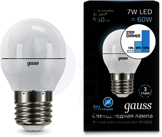 Лампа LED Globe E27 7W 4100K step dimmable 1/10/100 Gauss 105102207-S