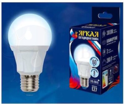 Лампа светодиодная LED 8вт 175-250В форма А 700Лм Е27 6500К Uniel ЯРКАЯ Uniel UL-00002003