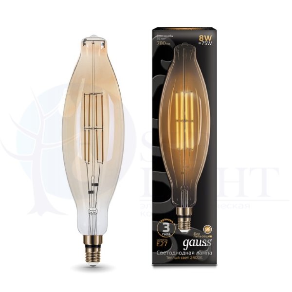 Лампа Gauss LED Vintage Filament BT120 8W E27 120*420mm Amber 780lm 2400K 1/10
