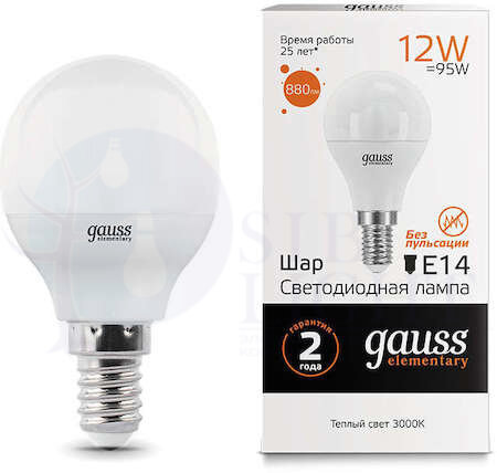 Лампа LED Elementary Шар 12W 880lm E14 3000K 1/10/100 Gauss 53112