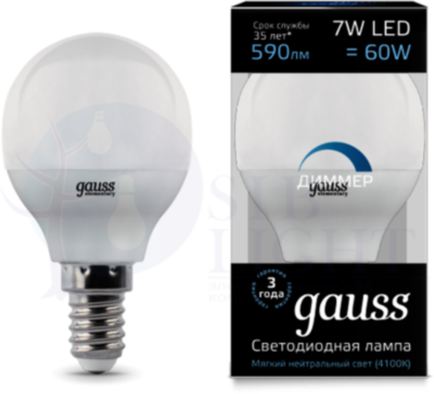 Лампа LED Globe-dim E14 7W 4100К диммируемая 1/10/100 Gauss 105101207-D