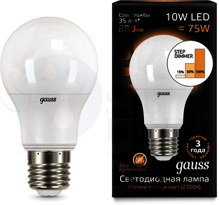 Лампа LED A60 10W E27 2700K step dimmable 1/10/50 Gauss 102502110-S