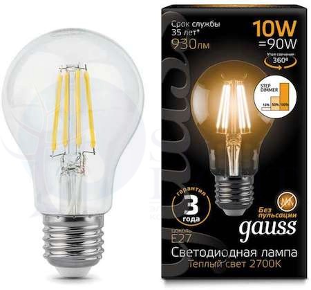 Лампа LED Filament A60 E27 10W 2700К step dimmable 1/10/40 Gauss 102802110-S