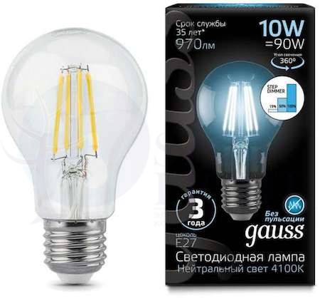 Лампа LED Filament A60 E27 10W 4100К step dimmable 1/10/40 Gauss 102802210-S