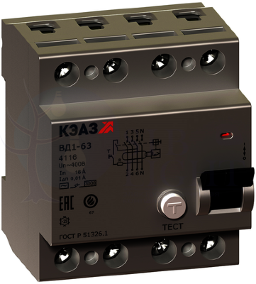 Выключатель дифференциального тока 4P 32А 30мА ВД1-63 (тип AC) КЭАЗ 221948