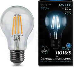 Лампа LED Filament A60 E27 6W 4100К 1/10/40 Gauss 102802206