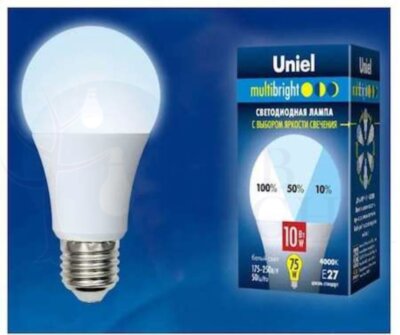 Лампа светодиодная с трехступенчатым диммером 100-50-10 LED 10вт 175-250В форма А 850Лм Е27 4000К Uniel Multibrigh Uniel UL-00002372