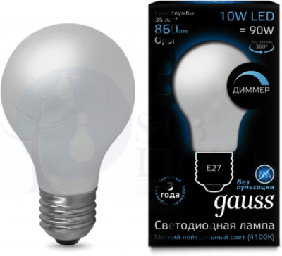 Лампа LED Filament A60 Opal dimmable E27 10W 4100К 1/10/40 Gauss 102202210-D