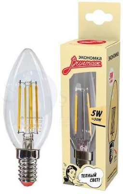 Лампа светодиодная филамент свеча 5Вт 450Лм 2700К E14 ЭКОНОМКА EcoLedFL5wCNE1427