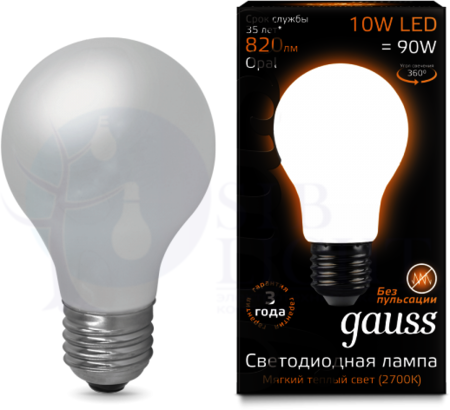 Лампа LED Filament A60 Opal E27 10W 2700К 1/10/40 Gauss 102202110