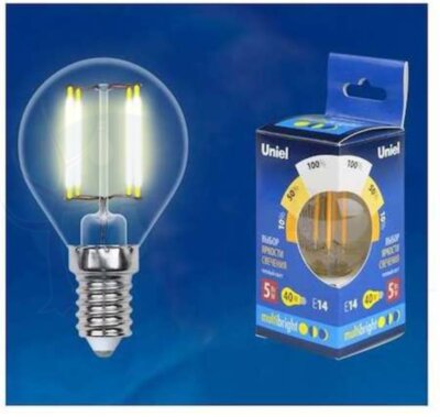 Лампа светодиодная с трехступенчатым диммером 100-50-10 LED 5вт 175-250В шар 420Лм Е14 3000К Uniel Multibrigh филамент Uniel UL-00002369