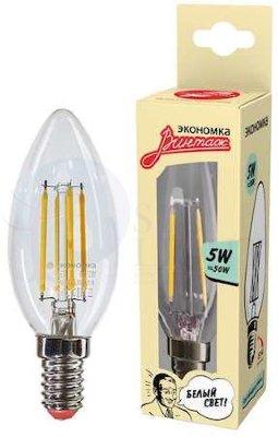 Лампа светодиодная филамент свеча 5Вт 450Лм 4500К E14 ЭКОНОМКА EcoLedFL5wCNE1445