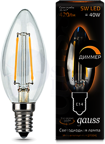 Лампа LED Filament Candle dimmable E14 5W 2700К 1/10/50 Gauss 103801105-D