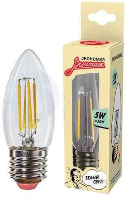 Лампа светодиодная филамент свеча 5Вт 450Лм 4500К E27 ЭКОНОМКА EcoLedFL5wCNE2745