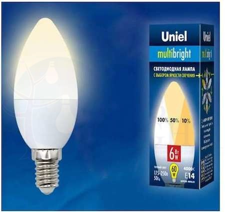 Лампа светодиодная с трехступенчатым диммером 100-50-10 LED 6вт 175-250В свеча 510Лм Е14 3000К Uniel Multibrigh Uniel UL-00002373