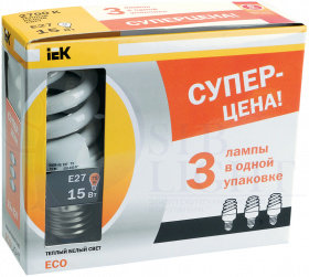 Лампа энергосберегающая КЭЛP-FS спираль Е27 15Вт 2700К (ПРОМОПАК 3шт) IEK-eco
